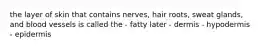 the layer of skin that contains nerves, hair roots, sweat glands, and blood vessels is called the - fatty later - dermis - hypodermis - epidermis