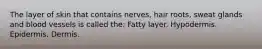 The layer of skin that contains nerves, hair roots, sweat glands and blood vessels is called the: Fatty layer. Hypodermis. Epidermis. Dermis.