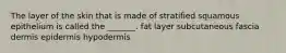 The layer of the skin that is made of stratified squamous epithelium is called the _______. fat layer subcutaneous fascia dermis epidermis hypodermis