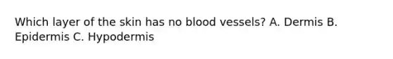 Which layer of the skin has no blood vessels? A. Dermis B. Epidermis C. Hypodermis