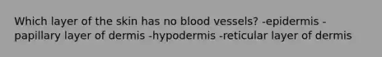 Which layer of the skin has no blood vessels? -epidermis -papillary layer of dermis -hypodermis -reticular layer of dermis