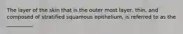 The layer of the skin that is the outer most layer, thin, and composed of stratified squamous epithelium, is referred to as the __________.