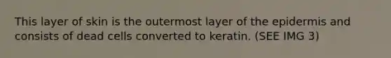 This layer of skin is the outermost layer of the epidermis and consists of dead cells converted to keratin. (SEE IMG 3)