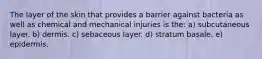 The layer of the skin that provides a barrier against bacteria as well as chemical and mechanical injuries is the: a) subcutaneous layer. b) dermis. c) sebaceous layer. d) stratum basale. e) epidermis.