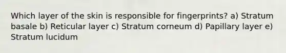 Which layer of the skin is responsible for fingerprints? a) Stratum basale b) Reticular layer c) Stratum corneum d) Papillary layer e) Stratum lucidum