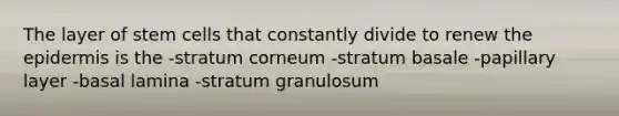 The layer of stem cells that constantly divide to renew <a href='https://www.questionai.com/knowledge/kBFgQMpq6s-the-epidermis' class='anchor-knowledge'>the epidermis</a> is the -stratum corneum -stratum basale -papillary layer -basal lamina -stratum granulosum