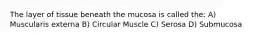 The layer of tissue beneath the mucosa is called the: A) Muscularis externa B) Circular Muscle C) Serosa D) Submucosa