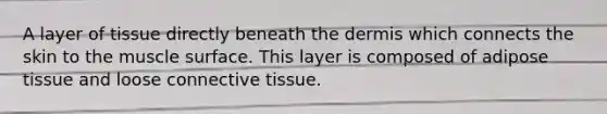 A layer of tissue directly beneath the dermis which connects the skin to the muscle surface. This layer is composed of adipose tissue and loose connective tissue.