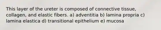 This layer of the ureter is composed of <a href='https://www.questionai.com/knowledge/kYDr0DHyc8-connective-tissue' class='anchor-knowledge'>connective tissue</a>, collagen, and elastic fibers. a) adventitia b) lamina propria c) lamina elastica d) transitional epithelium e) mucosa