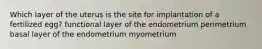 Which layer of the uterus is the site for implantation of a fertilized egg? functional layer of the endometrium perimetrium basal layer of the endometrium myometrium