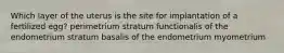 Which layer of the uterus is the site for implantation of a fertilized egg? perimetrium stratum functionalis of the endometrium stratum basalis of the endometrium myometrium