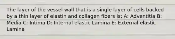 The layer of the vessel wall that is a single layer of cells backed by a thin layer of elastin and collagen fibers is: A: Adventitia B: Media C: Intima D: Internal elastic Lamina E: External elastic Lamina