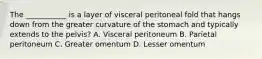 The ___________ is a layer of visceral peritoneal fold that hangs down from the greater curvature of the stomach and typically extends to the pelvis? A. Visceral peritoneum B. Parietal peritoneum C. Greater omentum D. Lesser omentum