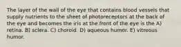 The layer of the wall of the eye that contains blood vessels that supply nutrients to the sheet of photoreceptors at the back of the eye and becomes the iris at the front of the eye is the A) retina. B) sclera. C) choroid. D) aqueous humor. E) vitreous humor.