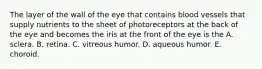 The layer of the wall of the eye that contains blood vessels that supply nutrients to the sheet of photoreceptors at the back of the eye and becomes the iris at the front of the eye is the A. sclera. B. retina. C. vitreous humor. D. aqueous humor. E. choroid.