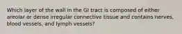 Which layer of the wall in the GI tract is composed of either areolar or dense irregular connective tissue and contains nerves, blood vessels, and lymph vessels?