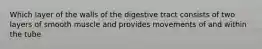 Which layer of the walls of the digestive tract consists of two layers of smooth muscle and provides movements of and within the tube