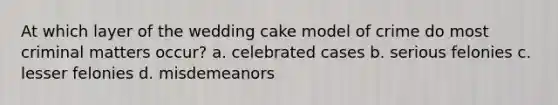 At which layer of the wedding cake model of crime do most criminal matters occur? a. celebrated cases b. serious felonies c. lesser felonies d. misdemeanors