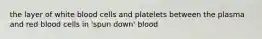 the layer of white blood cells and platelets between the plasma and red blood cells in 'spun down' blood