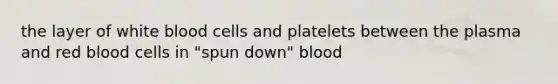 the layer of white blood cells and platelets between the plasma and red blood cells in "spun down" blood