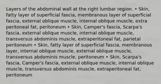 Layers of the abdominal wall at the right lumbar region. • Skin, fatty layer of superficial fascia, membranous layer of superficial fascia, external oblique muscle, internal oblique muscle, extra peritoneal fat, peritoneum • Skin, Camper's fascia, Scarpa's fascia, external oblique muscle, internal oblique muscle, transversus abdominis muscle, extraperitoneal fat, parietal peritoneum • Skin, fatty layer of superficial fascia, membranous layer, internal oblique muscle, external oblique muscle, transversus abdominis muscle, peritoneum • Skin, Scarpa's fascia, Camper's fascia, external oblique muscle, internal oblique muscle, transversus abdominis muscle, extraperitoneal fat, peritoneum