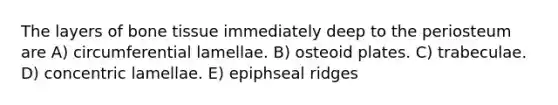 The layers of bone tissue immediately deep to the periosteum are A) circumferential lamellae. B) osteoid plates. C) trabeculae. D) concentric lamellae. E) epiphseal ridges