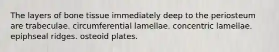 The layers of bone tissue immediately deep to the periosteum are trabeculae. circumferential lamellae. concentric lamellae. epiphseal ridges. osteoid plates.