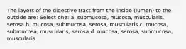 The layers of the digestive tract from the inside (lumen) to the outside are: Select one: a. submucosa, mucosa, muscularis, serosa b. mucosa, submucosa, serosa, muscularis c. mucosa, submucosa, muscularis, serosa d. mucosa, serosa, submucosa, muscularis