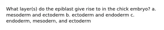 What layer(s) do the epiblast give rise to in the chick embryo? a. mesoderm and ectoderm b. ectoderm and endoderm c. endoderm, mesodern, and ectoderm