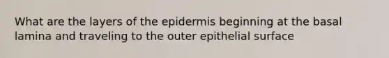 What are the layers of <a href='https://www.questionai.com/knowledge/kBFgQMpq6s-the-epidermis' class='anchor-knowledge'>the epidermis</a> beginning at the basal lamina and traveling to the outer epithelial surface