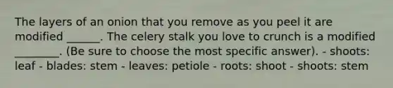 The layers of an onion that you remove as you peel it are modified ______. The celery stalk you love to crunch is a modified ________. (Be sure to choose the most specific answer). - shoots: leaf - blades: stem - leaves: petiole - roots: shoot - shoots: stem