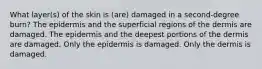 What layer(s) of the skin is (are) damaged in a second-degree burn? The epidermis and the superficial regions of the dermis are damaged. The epidermis and the deepest portions of the dermis are damaged. Only the epidermis is damaged. Only the dermis is damaged.