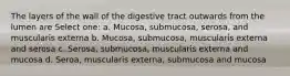 The layers of the wall of the digestive tract outwards from the lumen are Select one: a. Mucosa, submucosa, serosa, and muscularis externa b. Mucosa, submucosa, muscularis externa and serosa c. Serosa, submucosa, muscularis externa and mucosa d. Seroa, muscularis externa, submucosa and mucosa