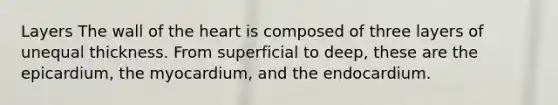 Layers The wall of <a href='https://www.questionai.com/knowledge/kya8ocqc6o-the-heart' class='anchor-knowledge'>the heart</a> is composed of three layers of unequal thickness. From superficial to deep, these are the epicardium, the myocardium, and the endocardium.