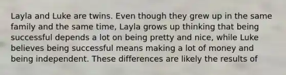 Layla and Luke are twins. Even though they grew up in the same family and the same time, Layla grows up thinking that being successful depends a lot on being pretty and nice, while Luke believes being successful means making a lot of money and being independent. These differences are likely the results of