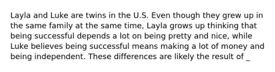 Layla and Luke are twins in the U.S. Even though they grew up in the same family at the same time, Layla grows up thinking that being successful depends a lot on being pretty and nice, while Luke believes being successful means making a lot of money and being independent. These differences are likely the result of _