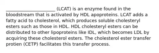 ______________________ (LCAT) is an enzyme found in the bloodstream that is activated by HDL apoproteins. LCAT adds a fatty acid to cholesterol, which produces soluble cholesteryl esters such as those in HDL. HDL cholesteryl esters can be distributed to other lipoproteins like IDL, which becomes LDL by acquiring these cholesterol esters. The cholesterol ester transfer protien (CETP) facilitates this transfer process.