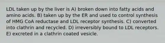 LDL taken up by the liver is A) broken down into fatty acids and amino acids. B) taken up by the ER and used to control synthesis of HMG CoA reductase and LDL receptor synthesis. C) converted into clathrin and recycled. D) irreversibly bound to LDL receptors. E) excreted in a clathrin coated vesicle.