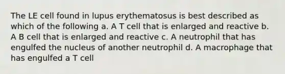 The LE cell found in lupus erythematosus is best described as which of the following a. A T cell that is enlarged and reactive b. A B cell that is enlarged and reactive c. A neutrophil that has engulfed the nucleus of another neutrophil d. A macrophage that has engulfed a T cell