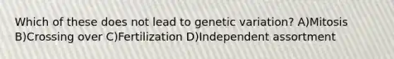 Which of these does not lead to genetic variation? A)Mitosis B)Crossing over C)Fertilization D)Independent assortment