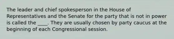 The leader and chief spokesperson in the House of Representatives and the Senate for the party that is not in power is called the ____. They are usually chosen by party caucus at the beginning of each Congressional session.