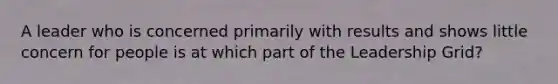 A leader who is concerned primarily with results and shows little concern for people is at which part of the Leadership Grid?