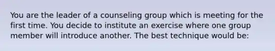 You are the leader of a counseling group which is meeting for the first time. You decide to institute an exercise where one group member will introduce another. The best technique would be: