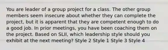 You are leader of a group project for a class. The other group members seem insecure about whether they can complete the project, but it is apparent that they are competent enough to do a good job. In prior meetings, you have been coaching them on the project. Based on SLII, which leadership style should you exhibit at the next meeting? Style 2 Style 1 Style 3 Style 4