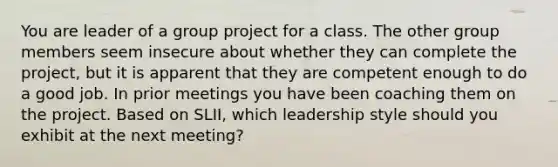 You are leader of a group project for a class. The other group members seem insecure about whether they can complete the project, but it is apparent that they are competent enough to do a good job. In prior meetings you have been coaching them on the project. Based on SLII, which leadership style should you exhibit at the next meeting?