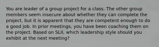 You are leader of a group project for a class. The other group members seem insecure about whether they can complete the project, but it is apparent that they are competent enough to do a good job. In prior meetings, you have been coaching them on the project. Based on SLII, which leadership style should you exhibit at the next meeting?