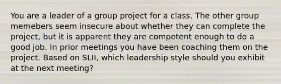 You are a leader of a group project for a class. The other group memebers seem insecure about whether they can complete the project, but it is apparent they are competent enough to do a good job. In prior meetings you have been coaching them on the project. Based on SLII, which leadership style should you exhibit at the next meeting?