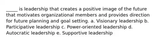 _____ is leadership that creates a positive image of the future that motivates organizational members and provides direction for future planning and goal setting. a. Visionary leadership b. Participative leadership c. Power-oriented leadership d. Autocratic leadership e. Supportive leadership