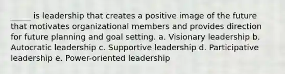 _____ is leadership that creates a positive image of the future that motivates organizational members and provides direction for future planning and goal setting. a. Visionary leadership b. Autocratic leadership c. Supportive leadership d. Participative leadership e. Power-oriented leadership