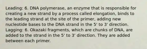 Leading: 6. DNA polymerase, an enzyme that is responsible for creating a new strand by a process called elongation, binds to the leading strand at the site of the primer, adding new nucleotide bases to the DNA strand in the 5' to 3' direction. Lagging: 6. Okazaki fragments, which are chunks of DNA, are added to the strand in the 5' to 3' direction. They are added between each primer.